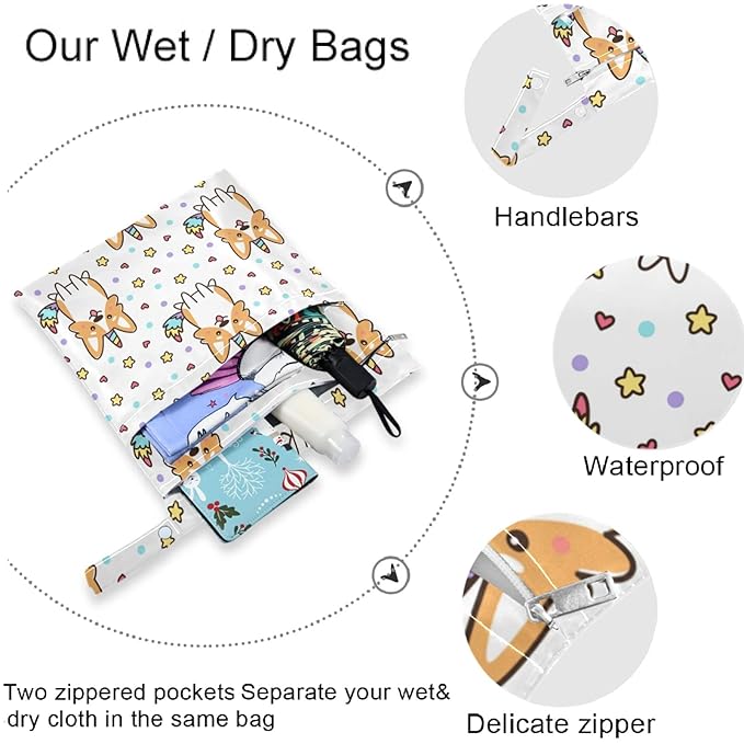 visesunny Corgi Dog with Unicorn Horn 2Pcs Wet Bag with Zippered Pockets Washable Reusable Roomy for Travel,Beach,Pool,Daycare,Stroller,Diapers,Dirty Gym Clothes, Wet Swimsuits, Toiletries