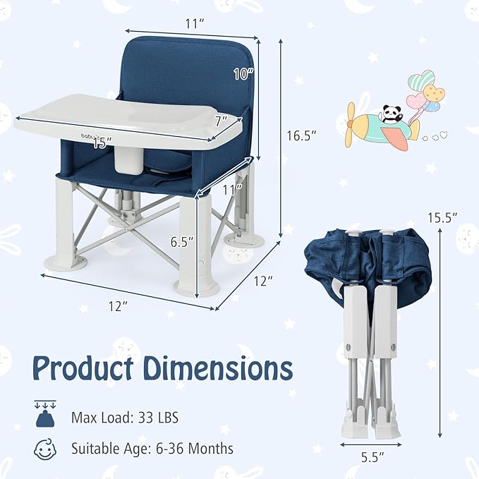 BABY JOY Travel Booster Seat with Double Tray, Folding Portable High Chair Booster Seat for Dining Table, Indoor/Outdoor Use, Camping, Beach, Lawn, Compact Baby Seat with Straps & Carrying Bag (Blue)