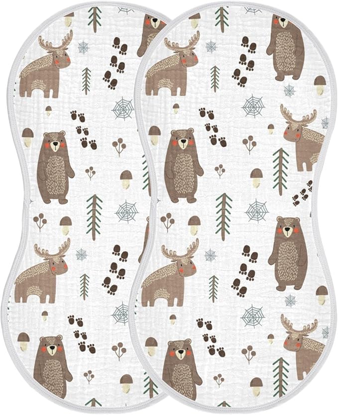 Bear Moose Forest Tree Mushroom Muslin Burp Cloths for Baby 2 Pack 100% Cotton Baby Washcloths Bibs for Boy Girl