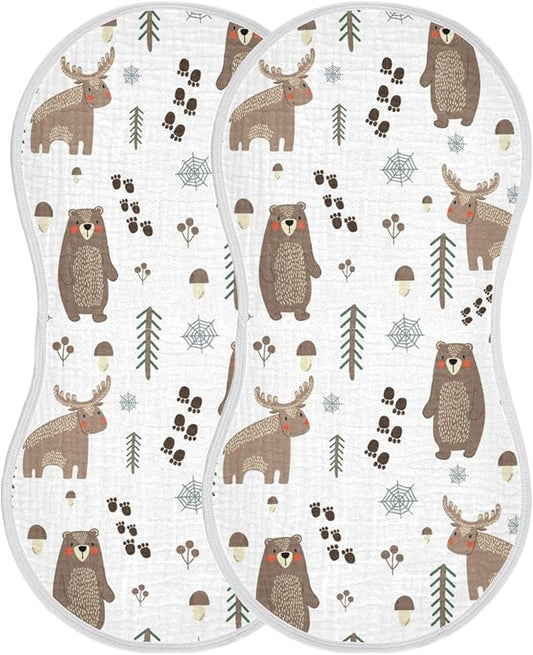 Bear Moose Forest Tree Mushroom Muslin Burp Cloths for Baby 2 Pack 100% Cotton Baby Washcloths Bibs for Boy Girl