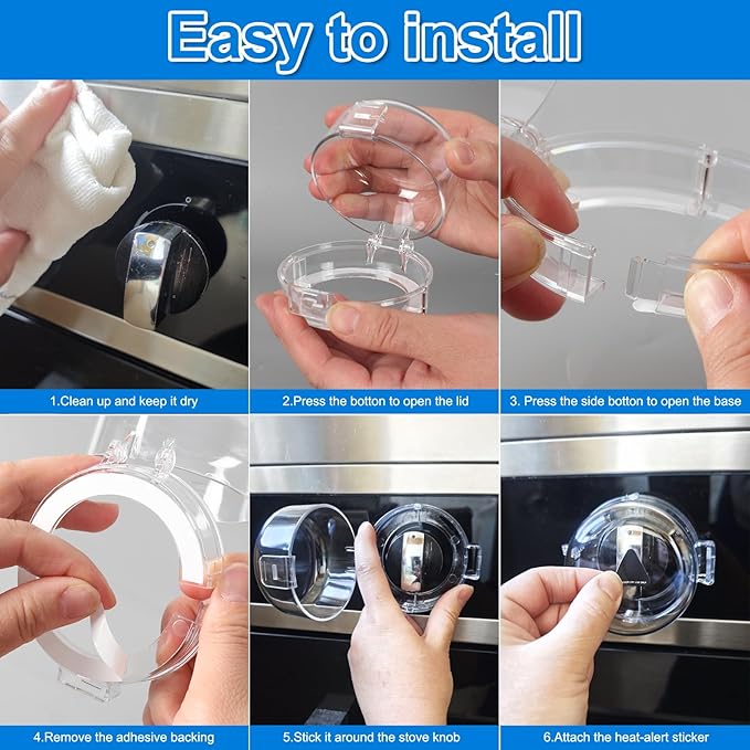 Stove Knob Covers for Child Safety – 5-Pack Heat-Resistant Oven Lock Knob Protectors with Heat Alert Stickers, Baby and Pets Proofing Stove Knob Guards for Gas & Electric Stoves(Clear-1)
