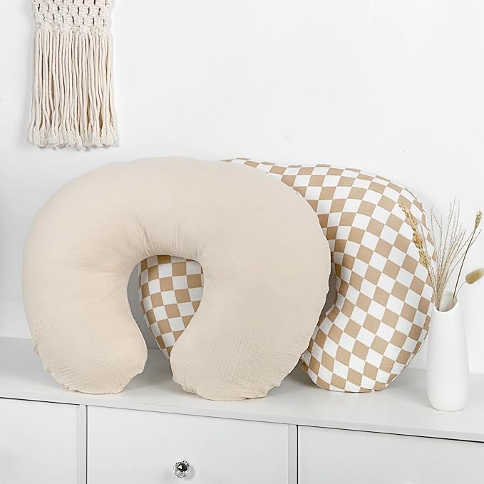 DILIMI Muslin Nursing Pillow Cover 2 Pack, Removable Nursing Cover for Breastfeeding Pillows, Ultra Soft Comfortable Slipcover for Baby Girl and Boy, Beige and Brown Checkered