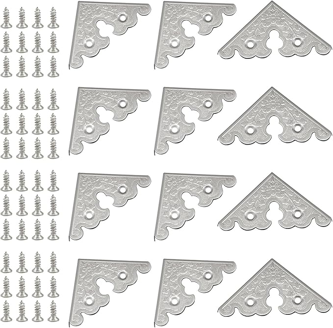 Bivethoi 12 Pack 1.34" x 1.34" Decorative Corner Protectors, Retro Style Edge Safety Guards Silver Covers, Vintage Metal Edge Cover for Furniture/Table/Jewelry Box