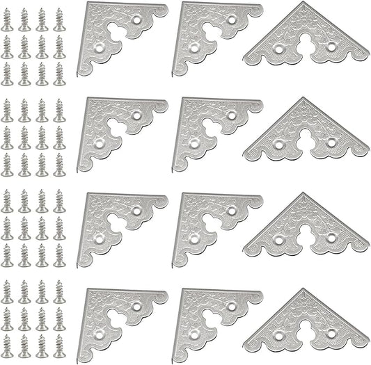 Bivethoi 12 Pack 1.34" x 1.34" Decorative Corner Protectors, Retro Style Edge Safety Guards Silver Covers, Vintage Metal Edge Cover for Furniture/Table/Jewelry Box