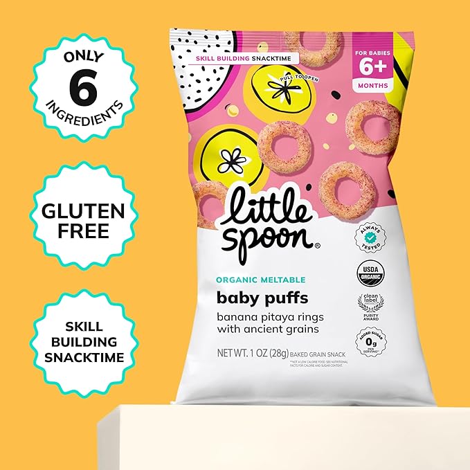 Little Spoon Banana Pitaya Meltable Baby Puffs, Organic Corn Quinoa Sorghum, No Rice, No Added Sugar Snacks, Encourages Self-Feeding, 1 Oz Bag, 4 Pack