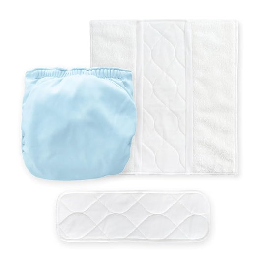 Amazing Baby Hybrid Cloth Diaper Cover/Swim Diaper, Med, Sz 3 (12-25 lbs), Use Boosties Disposable or Reusable Inserts, Pastel Blue, SmartNappy Set: Cover + Tri-Fold + Booster Pad