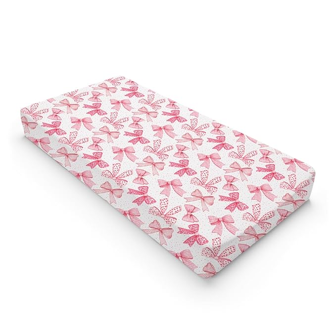 Pink Valentine's Bows Baby Changing Pad Covers for Girls 32''x16'' Girly Pink Hair Bows Fitted Diaper Change Table Pad Mats Valentine Hearts Love Soft Breathable Nursery Cradle & Bassinet Sheets Pink