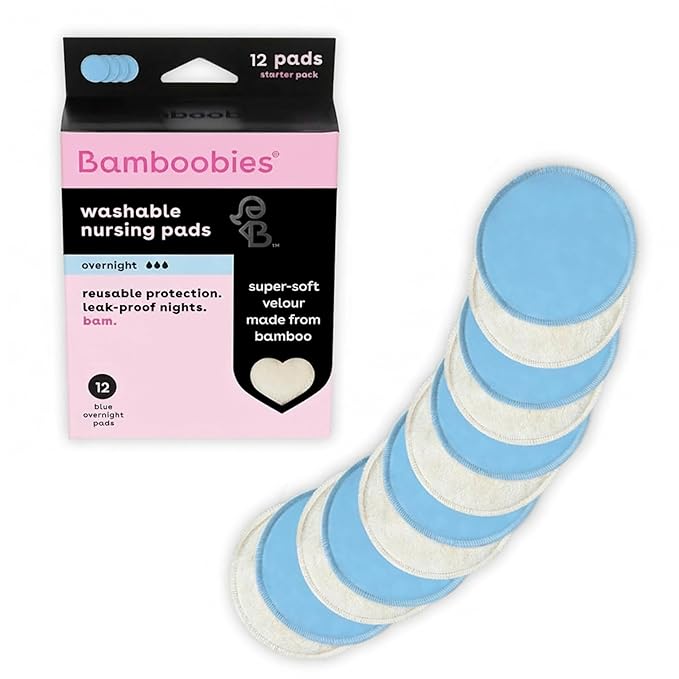 Bamboobies Overnight Nursing Pads, Ultra-Soft Velour, Reusable and Washable for Nightly Use, Leak-Proof Pads for Breastfeeding, 12 Pads