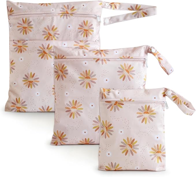 3 PCS Waterproof Wetbag, Wet Bags for Baby Cloth Diapers and Soiled Clothes, Reusable Wet Bag for Swimsuit and Towels with Double Zipper Pockets, Travel Beach Pool Essentials