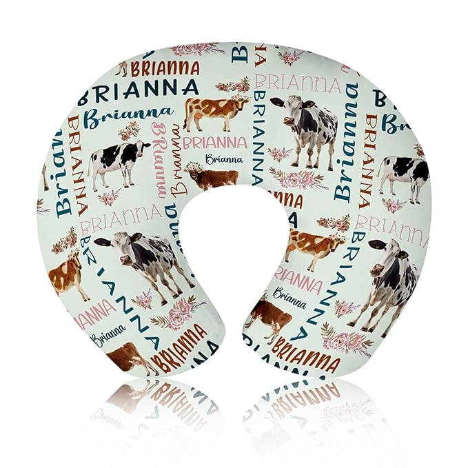 Baby Nursing Pillow Cover - Personalized Name Breastfeeding Pillow Cover with Cow Pattern, Stretchy Removable U-Shaped for New Moms, Soft Breathable Slipcover for Infant Boys Girls