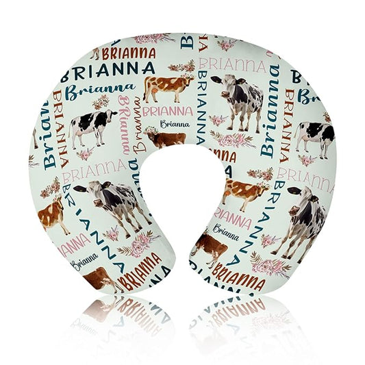 Baby Nursing Pillow Cover - Personalized Name Breastfeeding Pillow Cover with Cow Pattern, Stretchy Removable U-Shaped for New Moms, Soft Breathable Slipcover for Infant Boys Girls