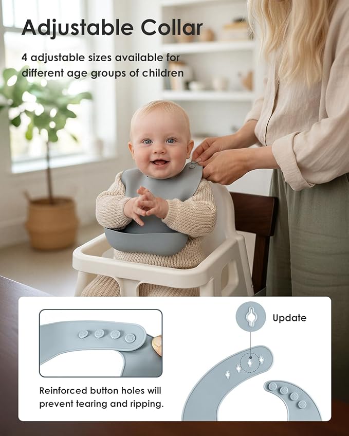 Tiny Marvels Silicone Baby Bibs Set of 3, Adjustable & Dishwasher Safe, Easy Clean Toddler Bibs with Food Catcher Pocket
