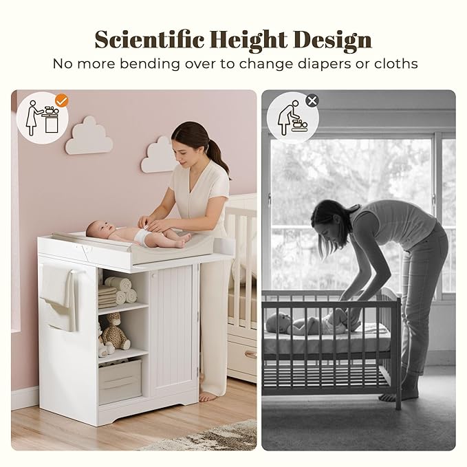Gyfimoie Baby Changing Table with Foldable Tabletop, White Storage Cabinet with Shelf & Door Rack, Modern Diaper Changing Station with Storage, Perfect for Bedroom & Nursery (Pad Not Included)