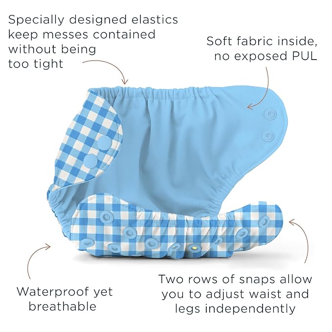 Esembly Cloth Diaper Bundle Set - 3 Organic Cotton Absorbent Inners and 1 Waterproof Outer Diaper Cover - Reusable, Washable, Snap Closure Cloth Diapers - Size 1 (7-17lbs), Gingham
