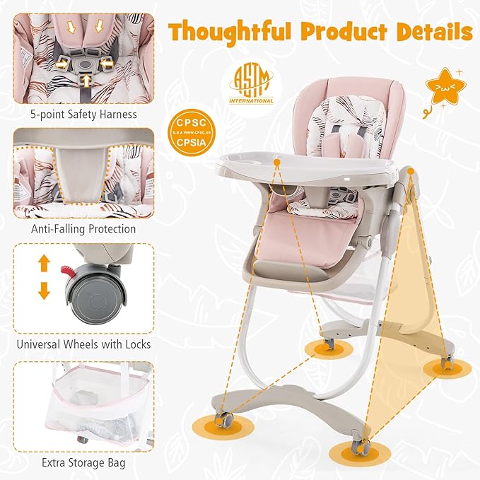 BABY JOY High Chair, Foldable Baby High Chair with Adjustable Height, Recline & Footrest, Double Removable Tray, Storage Basket, Portable Chair with Wheels for Babies & Toddlers (Pink)