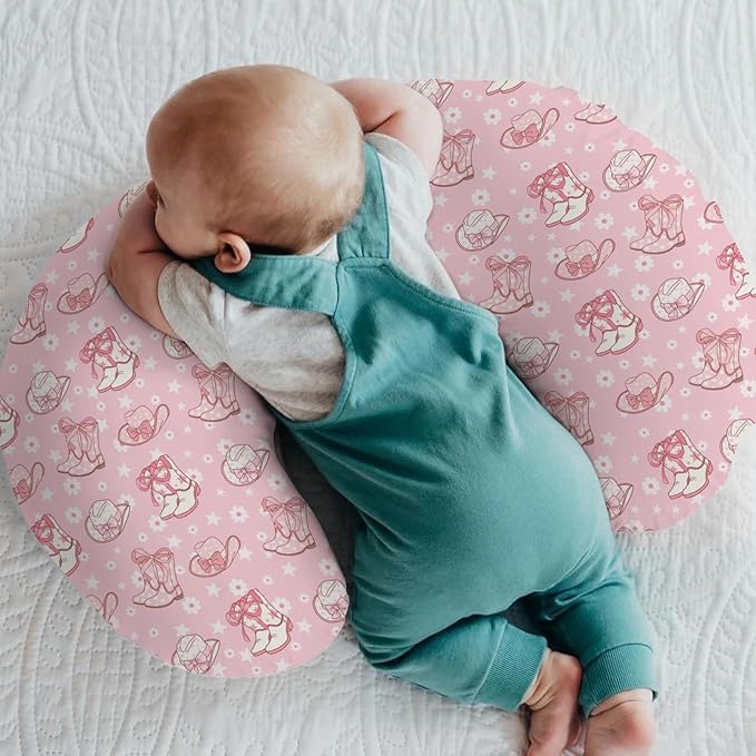 Pink Floral Bows Cowgirl Boots Hat Baby Nursing Pillow Covers for Girl Boho Western Cowgirls Stars Nursery Slipcover for Breastfeeding Pillows Country Soft Stretchy Removable Cover for Newborn Infant