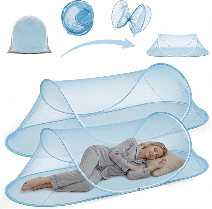 2 Pcs Large Pop up Mosquito Tent Portable Foldable Mosquito Bug Net for Bed Camping Travel Patio Outdoor 78 * 31 * 22 Inch Bug Netting Mesh Tent Canopy for Adults Bedroom, Blue