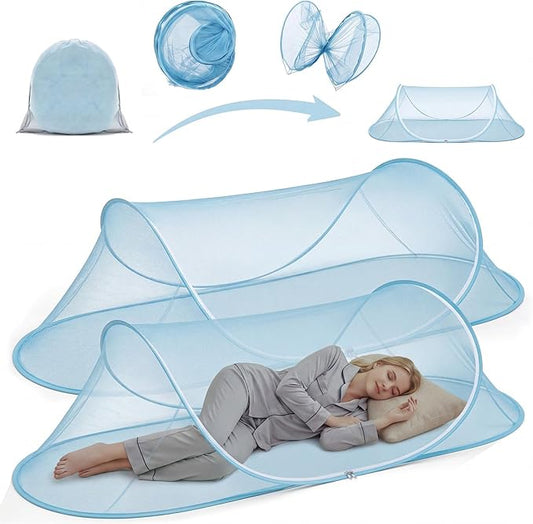 2 Pcs Large Pop up Mosquito Tent Portable Foldable Mosquito Bug Net for Bed Camping Travel Patio Outdoor 78 * 31 * 22 Inch Bug Netting Mesh Tent Canopy for Adults Bedroom, Blue