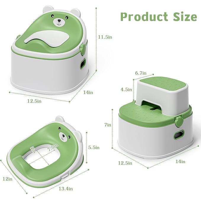 3-in-1 Potty Training Toilet, Portable Potty, Potty Training Seat and Toddler Step Stool, Easy Setup and Clean, Anti-Slip Toddler Potty Trainer for Boy Girl,Green