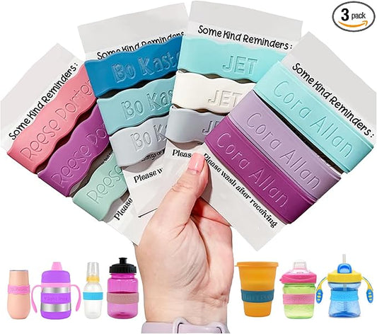 Personalized Baby Bottle Labels for Daycare School Summer Camp Customized Children's Water Bottle Name Bands Custom Engraved Reusable Silicone Cup Bands Labels Waterproof 3 Piece Combo Pack