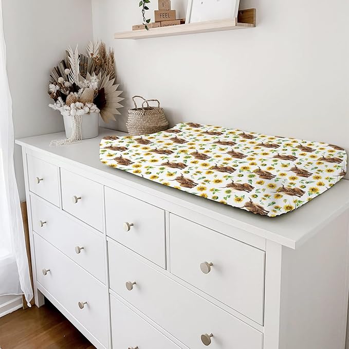 Highland Cow Sunflowers Leaves Baby Changing Pad Cover for Boy Girl 32''x16'' Highland Yak Boho Floral Fitted Diaper Change Table Sheets Farm Animal Comfort Soft Breathable Nursery Changing Table Mat