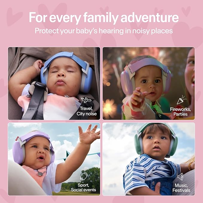 Alpine Muffy Baby Comfort - Protects Hearing for Babies and Toddlers - CE & ANSI Certified - Headband for Safe fit & Comfort - Adjustable for Ages 3-48 Months - 24dB Sound Reduction, Hearts