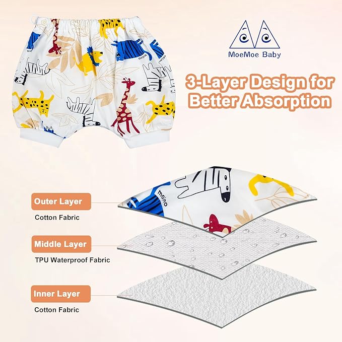 MOEMOE BABY Leakproof Bedwetting Diaper Pants Absorbent Overnight Diaper Short for Boys and Girls 2 Packs