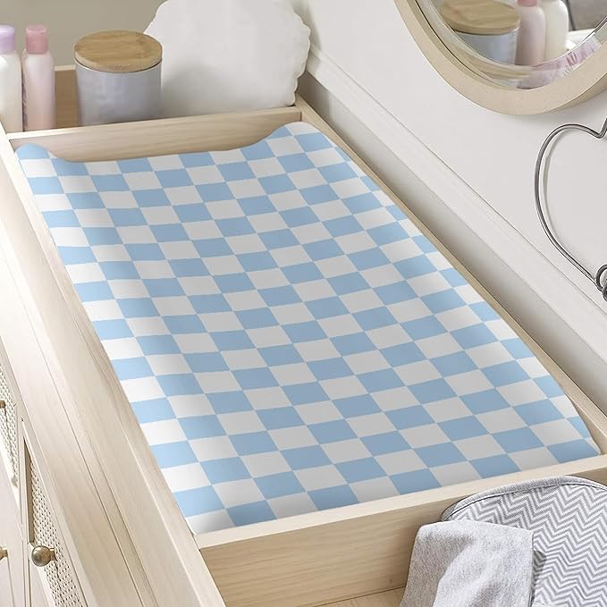 Blue Checkered Changing Pad Cover for Baby Girls Boys Cartoon Breathable Diaper Change Table Sheet Soft Stretchy Cute Change Table Mat Cover Fit 32x16