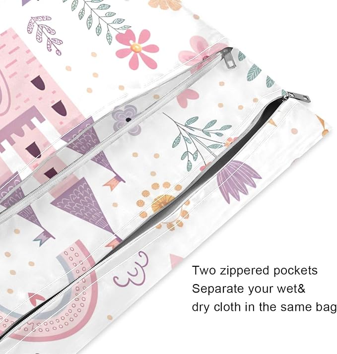 2 Pack Princess Castle Pink Cloth Diaper Wet Dry Bags,Waterproof Reusable Wet Bag with Two Zipper Pockets& Handle,Washable for Swimming,Travel,Beach,Pool or Wet Clothes