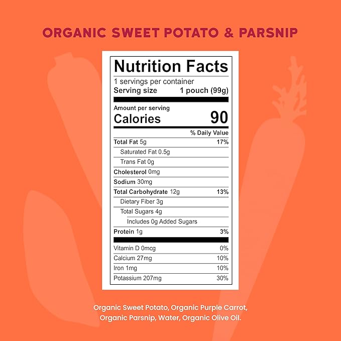 Serenity Kids 6+ Months Veggie Puree Baby Food Pouches - USDA Organic Baby Snacks - No Added Sugar Toddler Food - 1 Serving of Veggies for Toddler Snack - Sweet Potato & Parsnip - 3.5 Oz, Pack of 6