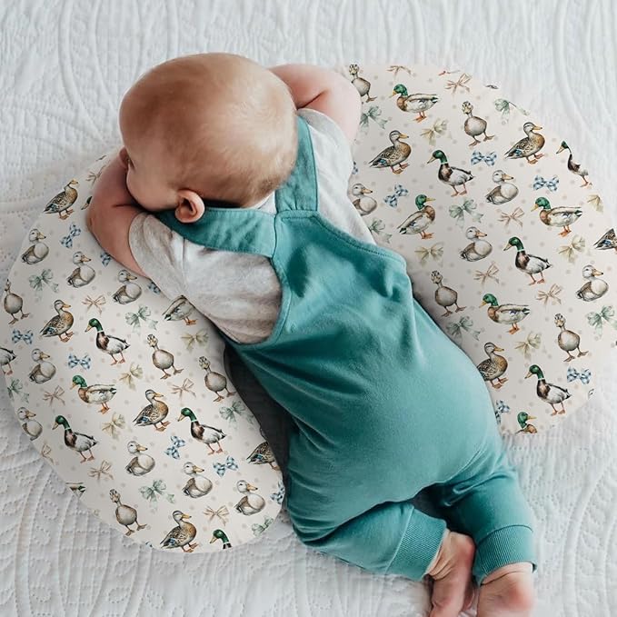 Vintage Duck Bows Floral Baby Nursing Pillow Covers for Boy Girl Green Mallard Ducks Nursing Slipcovers for Breastfeeding Pillows Hunting Duck Bird Soft Stretchy Removable Covers for Newborn Infant