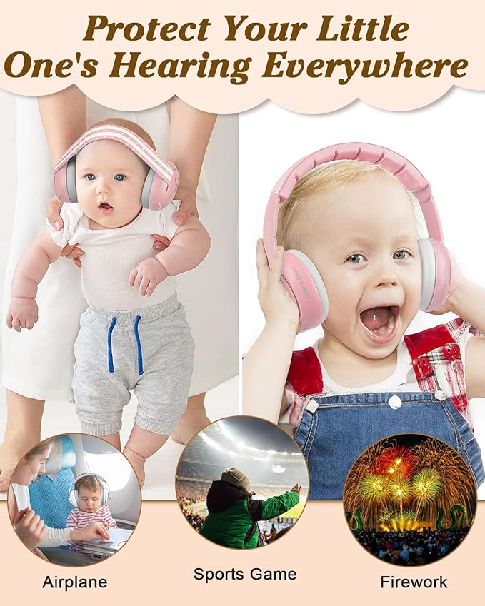 Lilian&Gema 2-in-1 Baby Ear Muffs Noise Protection up to 48 Months - Baby Airplane/Travel Essentials - Adjustable Noise Reduction Earmuffs - Ear Protection Headphones for Infant & Toddler, Pink