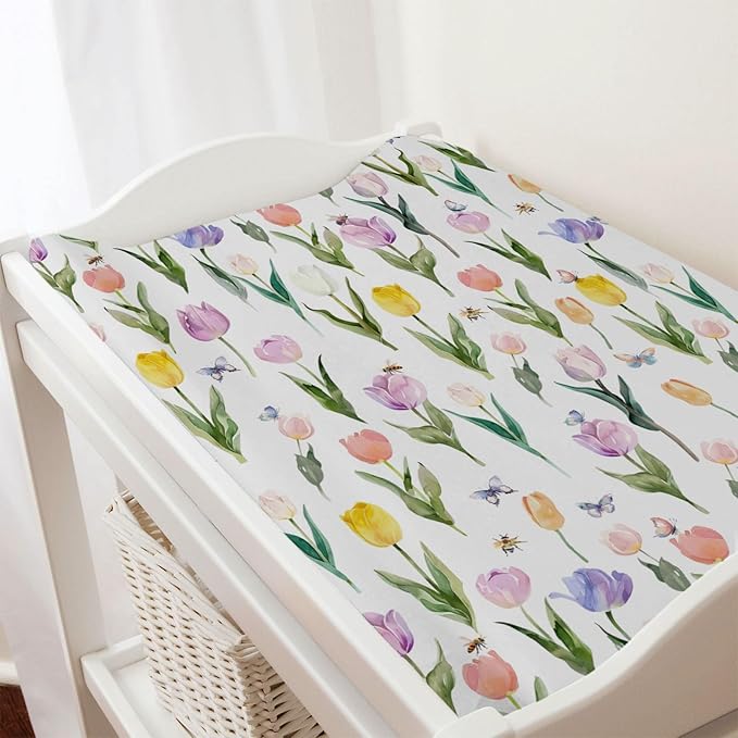 Watercolor Tulips Bees Butterflies Changing Pad Covers Boho Spring Floral Diaper Change Table Pad Sheets for Baby Girl Wild Flowers Soft Breathable Stretchy Snug Fitted Changing Table Mats 32''x16''
