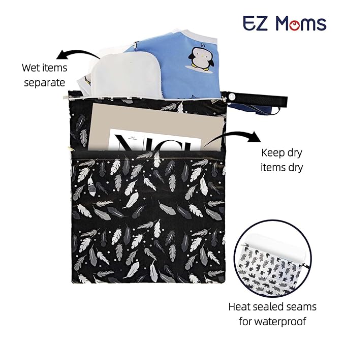 EZ Moms 3 Pcs Waterproof Wet Bag with Two Pockets Reusable Wet Dry Bag Baby for Cloth Diapers, Travel Dirty Clothes, Breast Pump Parts, Swimsuit, Beach, Pool Wetbag Zipper Pouches for Organization