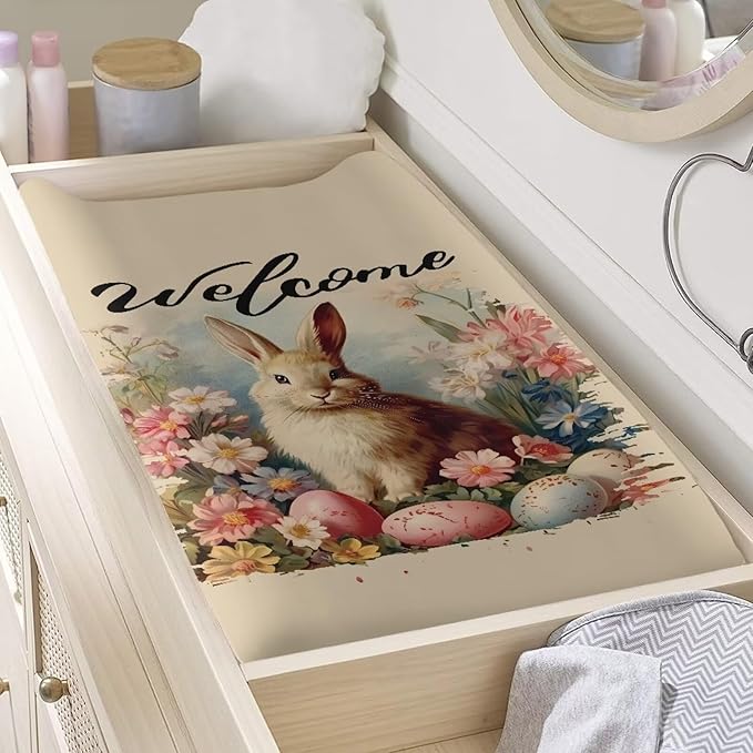 Easter Rabbit Print Changing Pad Cover Change Table Covers for Baby Girls Green Hat Soft Breathable Changing Pad Sheets Cover
