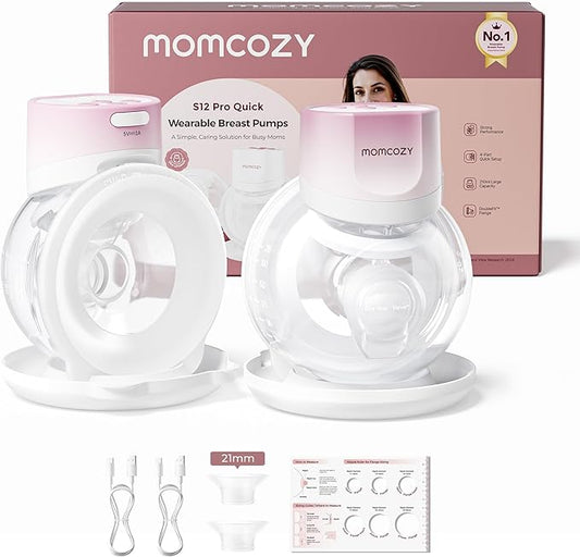 Momcozy Breast Pump S12 Pro Quick, Hands-Free Wearable & Wireless Pump, with DoubleFit Hybrid Flange, 3 Modes & 9 Levels Electric Pump Portable, Smart Display, 24mm Flange, 2 Count, Cozy Pink