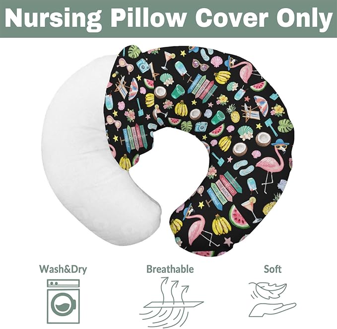 Surf Beach Summer Nursing Pillow Covers for Boy Girl Flamingo Tropical Leaves Floral Fruits Nursing Slipcovers for Breastfeeding Pillows Beach Party Vacation Soft Stretchy Covers for Newborn Infant