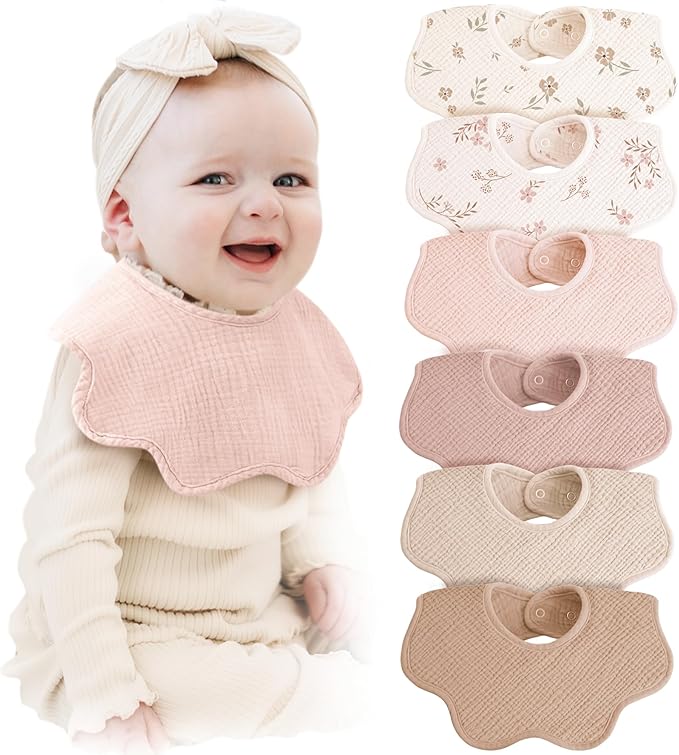 Konssy Muslin Baby Bibs 100% Cotton Absorbent Bandana Drool Bibs for Teething and Drooling, 6-Pack for Baby Boys & Girls
