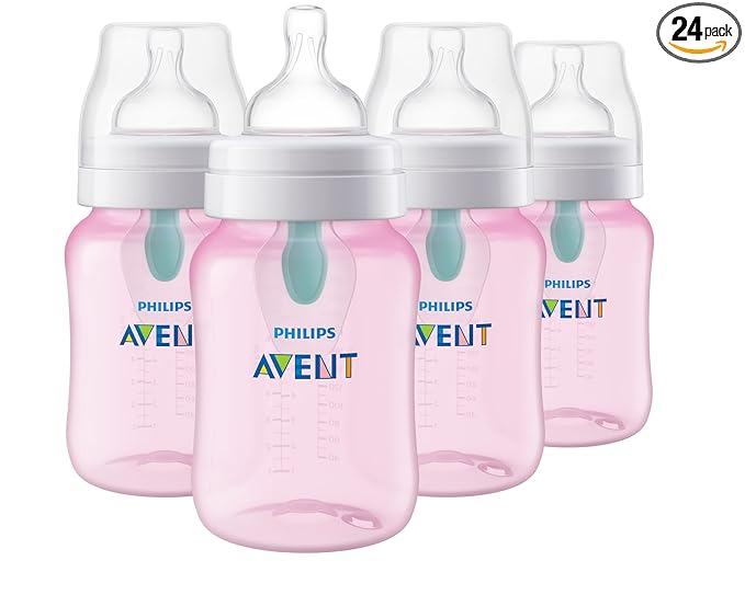Philips Avent Anti-Colic Baby Bottle with AirFree Vent,9oz,with Flow 2 Nipples,1m+,Pink,SCY703/14,(Pack of 24)