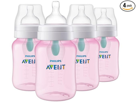 Philips Avent Anti-Colic Baby Bottle with AirFree Vent, 9oz, with Flow 2 Nipples, 1m+, 4pk, Pink, SCY703/14