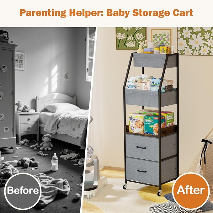Baby Diaper Caddy Organizer and Storage - 5 Tier Rolling Cart with Dividers and Drawers, Mobile Utility Cart with Wheels for Nursery, Bedroom, Changing Table & Crib