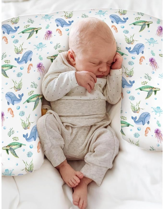Boho Sea Animals Baby Nursing Pillow Covers for Boy Girl Sea Horse Turtle Whale Jellyfish Coral Nursing Pillow Slipcovers for Breastfeeding Pillows Soft Stretchy Removable Covers for Newborn Infant