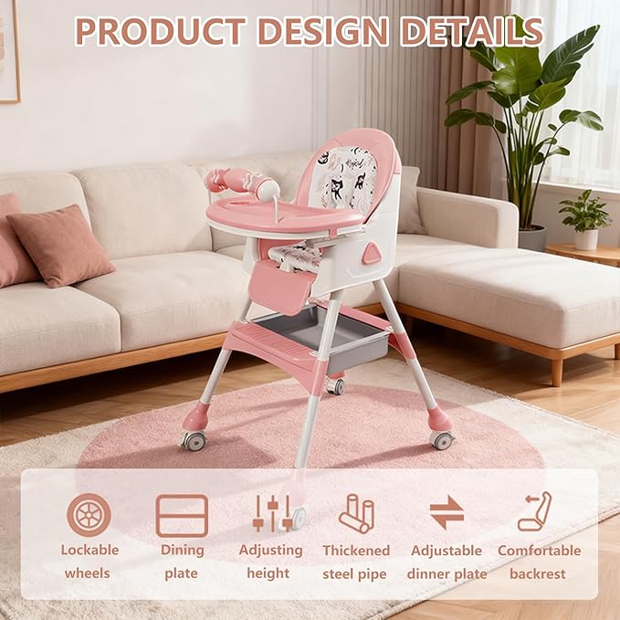 Foldable 4-in-1 Baby High Chair for Babies & Toddlers, High Chair with Detachable PU Cushion, Removable Tray, Adjustable Height, Locking Wheels,Pink