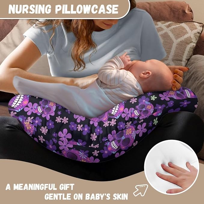 Sugar Skull Baby Nursing Pillow Cover, Flower Skulls Stretchy Nursing Pillow Covers for Mom Baby, Mexico Day of Dead Removable Nursing Pillow Cover, Purple