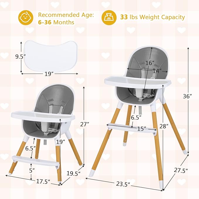 HONEY JOY High Chair, 3-in-1 Eat & Grow Highchair/Booster Seat/Toddler Chair w/Removable Tray, Safety Harness, Steel Legs, PU Cushion and Footrest for Baby, High Chair for Babies and Toddlers (Gray)