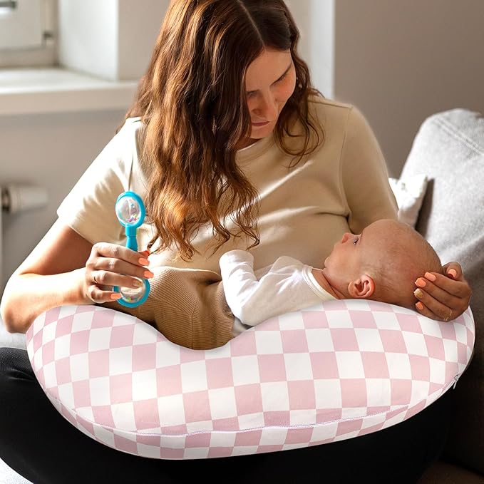 Nursing Pillow Cover, Removable Nursing Covers for Breastfeeding Pillows, Stretchy and Soft Fit for Baby Girls Boys Newborn, Pink Checkerboard (Only Cover)