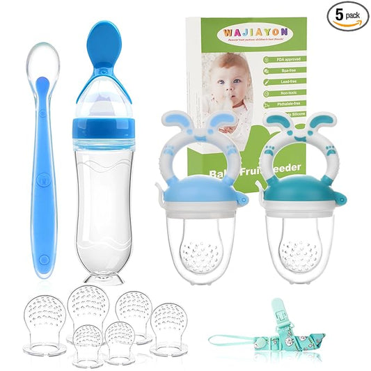 Baby Fruit Feeder Pacifier | 2 Infant Food Feeder Pacifier & Baby Food Dispensing Spoon | Mesh Fresh Fruit Teethers for Babies Teething Feeders | Shower Gifts for Boys and Girls (Blue)