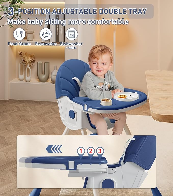 Baby High Chair, 5 in 1 High Chairs for Babies and Toddlers, Travel Foldable High Chair with Detachable PU Cushion, Double Removable Tray, Adjustable Height & Recline, Locking Wheels (Navy Blue)