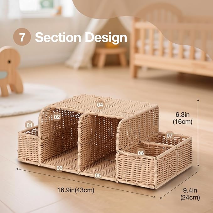 Diaper Caddy Organizer, Hand Rattan Nursery Storage Basket for Baby Essentials, Baby Changing Table Organizer Perfect Nursery Assistant (Natural Woven, L)