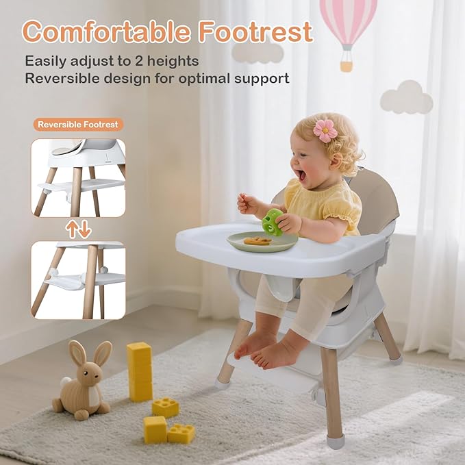 9 in 1 Convertible Baby High Chair with Booster, Wooden Highchair for Babies and Toddlers with Removable Tray & 5-Point Harness, Multi-Functional Growing Seat for Feeding, Learning & Play, Beige
